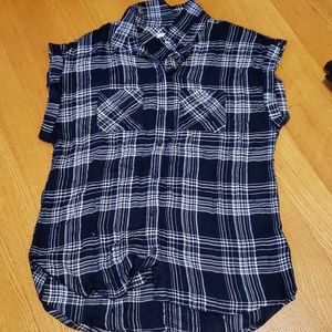 Navy blue plaid button up shirt